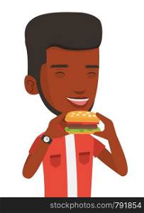 African-american man eating hamburger. Happy man with eyes closed biting hamburger. Young man is about to eat delicious hamburger. Vector flat design illustration isolated on white background.. Man eating hamburger vector illustration.