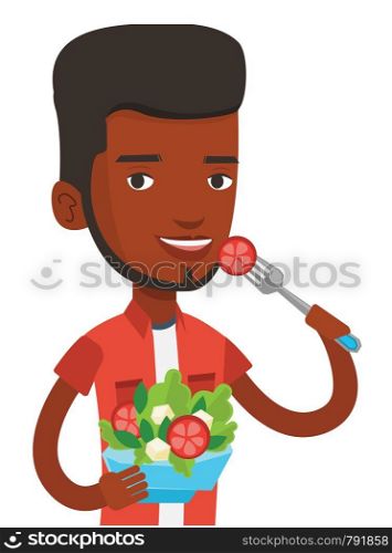 African-american man eating healthy vegetable salad. Man enjoying fresh vegetable salad. Man holding fork and bowl with vegetable salad. Vector flat design illustration isolated on white background.. Man eating healthy vegetable salad.