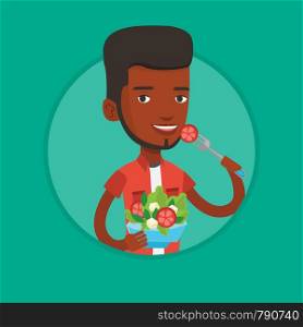 African-american man eating healthy vegetable salad. Man enjoying vegetable salad. Man holding fork and bowl with vegetable salad. Vector flat design illustration in the circle isolated on background.. Man eating healthy vegetable salad.