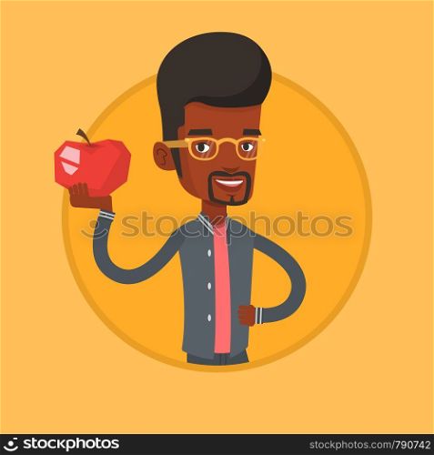 African-american man enjoying fresh healthy apple. Man holding an apple in hand. Man eating an apple. Concept of healthy nutrition. Vector flat design illustration in the circle isolated on background. Young man holding apple vector illustration.