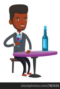 African-american man enjoying wine at restaurant. Man sitting with glass and bottle of wine at restaurant. Man drinking wine at restaurant. Vector flat design illustration isolated on white background. Man drinking wine at restaurant.