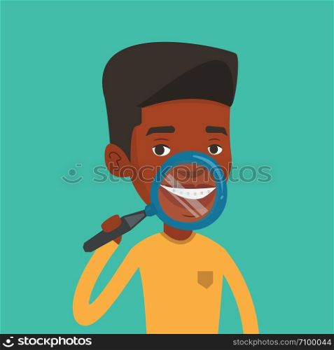 African-american man examining his teeth with magnifier. Smiling young man holding a magnifying glass in front of his teeth. Concept of teeth examining. Vector flat design illustration. Square layout.. Man brushing his teeth vector illustration.