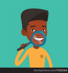 African-american man examining his teeth with magnifier. Smiling young man holding a magnifying glass in front of his teeth. Concept of teeth examining. Vector flat design illustration. Square layout.. Man brushing his teeth vector illustration.