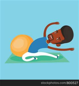 African-american man exercising in the gym. Man doing stretching on exercise mat. Sportsman stretching before training. Man doing stretching exercises. Vector flat design illustration. Square layout.. Young man exercising with fitball.