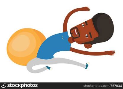 African-american man exercising in the gym. Man doing stretching. Sportsman stretching before training. Man doing stretching exercises. Vector flat design illustration isolated on white background.. Young man exercising with fitball.