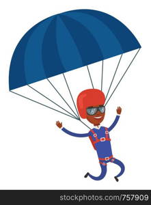 African-american man flying with parachute. Young man paragliding on parachute. Professional parachutist descending with a parachute. Vector flat design illustration isolated on white background.. Young happy man flying with parachute.