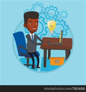 African-american man having a business idea. Businessman working on laptop with idea light bulb. Successful business idea concept. Vector flat design illustration in the circle isolated on background.. Successful business idea vector illustration.