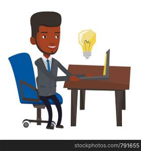 African-american man having a business idea. Young businessman working on laptop on a new business idea. Successful business idea concept. Vector flat design illustration isolated on white background.. Successful business idea vector illustration.