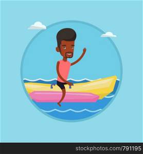 African-american man having fun on banana boat in sea. Tourists riding a banana boat and waving hand. Man enjoying summer vacation. Vector flat design illustration in the circle isolated on background. Tourists riding a banana boat vector illustration.