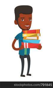 African-american man holding a pile of educational books in hands. Student carrying huge stack of books. Student holding pile of books. Vector flat design illustration isolated on white background.. Man holding pile of books vector illustration.