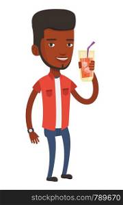 African-american man holding cocktail glass with drinking straw. Joyful man drinking cocktail. Happy man celebrating with cocktail. Vector flat design illustration isolated on white background.. Man drinking cocktail vector illustration.