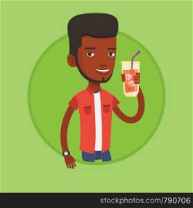 African-american man holding cocktail glass with drinking straw. Man drinking a cocktail. Young man celebrating with a cocktail. Vector flat design illustration in the circle isolated on background.. Man drinking cocktail vector illustration.