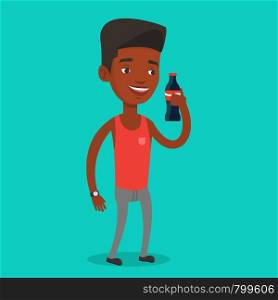 African-american man holding fresh soda beverage at glass bottle. Young man standing with bottle of soda. Cheerful man drinking brown soda from bottle. Vector flat design illustration. Square layout.. Young man drinking soda vector illustration.