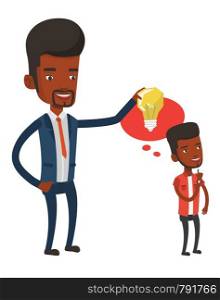 African-american man holding idea bulb over head of his collegue. Cheerful businessman giving idea to his partner. Business idea concept. Vector flat design illustration isolated on white background.. Businessman giving idea light bulb to his partner.