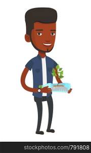 African-american man holding in hands plastic bottle with plant growing inside. Young man holding plastic bottle used as plant pot. Vector flat design illustration isolated on white background.. Man holding plant growing in plastic bottle.
