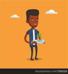 African-american man holding in hands plastic bottle with plant growing inside. Man holding plastic bottle used as plant pot. Plastic recycling concept. Vector flat design illustration. Square layout.. Man holding plant growing in plastic bottle.