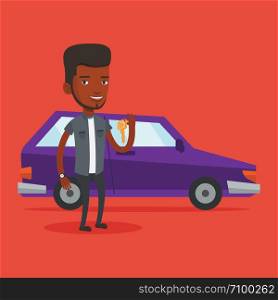 African-american man holding keys to his new car. Happy man showing key to his new car. Young smiling man standing on the backgrond of his new car. Vector flat design illustration. Square layout.. Man holding keys to his new car.