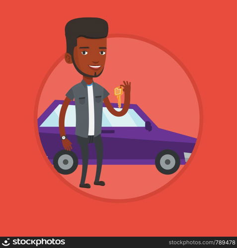 African-american man holding keys to his new car. Happy man showing key to his new car. Man standing on the backgrond of new car. Vector flat design illustration in the circle isolated on background.. Man holding keys to his new car.