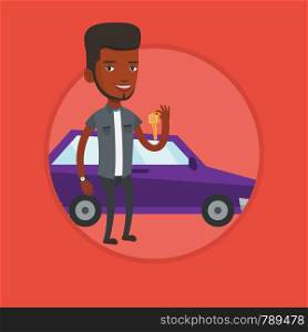 African-american man holding keys to his new car. Happy man showing key to his new car. Man standing on the backgrond of new car. Vector flat design illustration in the circle isolated on background.. Man holding keys to his new car.