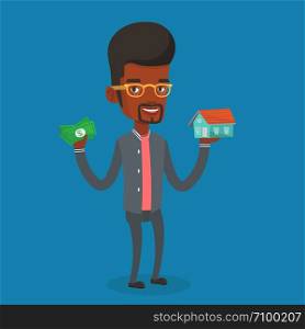 African-american man holding money and model of house. Happy man having loan for house. Man got loan for buying a new house. Real estate loan concept. Vector flat design illustration. Square layout.. Woman buying house thanks to loan.
