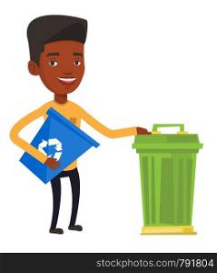 African-american man holding recycling bin while standing near a trash can. Young man carrying recycling bin. Waste recycling concept. Vector flat design illustration isolated on white background.. Man with recycle bin and trash can.