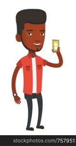 African-american man holding ringing mobile phone. Young man answering a phone call. Business man standing with ringing phone in hand. Vector flat design illustration isolated on white background.. Man holding ringing mobile phone.