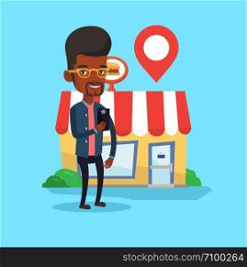 African-american man holding smartphone with mobile app for looking for restaurant. Man using smartphone on the background of restaurant with map pointer. Vector flat design illustration.Square layout. Man looking for restaurant in his smartphone.