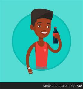 African-american man holding soda beverage in bottle. Young man standing with bottle of soda. Happy man drinking soda from bottle. Vector flat design illustration in the circle isolated on background.. Young man drinking soda vector illustration.