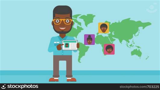 African-american man holding tablet computer with social network user profile on a screen on the background of map with avatars of social network. Vector flat design illustration. Horizontal layout.. Man holding tablet with social network.