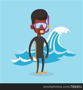 African-american man in diving suit, flippers, mask and tube standing on the background of wave. Diver enjoying snorkeling. Diver ready for snorkeling. Vector flat design illustration. Square layout.. Young scuba diver vector illustration.