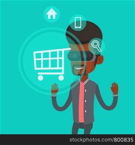 African-american man in virtual reality headset looking at shopping cart icon. Man doing online shopping. Virtual reality and shopping online concept. Vector flat design illustration. Square layout.. Man in virtual reality headset shopping online.