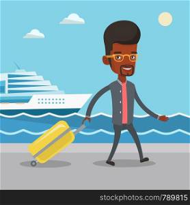 African-american man is going to voyage on cruise liner. Man walking on the background of cruise liner. Passenger of cruise liner walking on the pier. Vector flat design illustration. Square layout.. Passenger with suitcase going to shipboard.