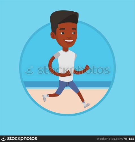 African-american man jogging on beach. Athlete running on the beach. Man running along the seashore. Man enjoying jogging on beach. Vector flat design illustration in the circle isolated on background. Young sporty man jogging on the beach.