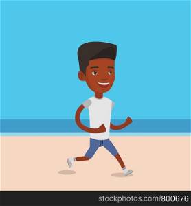 African-american man jogging on the beach. Sporty male athlete running on the beach. Man running along the seashore. Fit man enjoying jogging on beach. Vector flat design illustration. Square layout.. Young sporty man jogging on the beach.