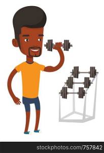 African-american man lifting a heavy weight dumbbell. Sportsman doing exercise with dumbbell. Weightlifter holding dumbbell in the gym. Vector flat design illustration isolated on white background.. Man lifting dumbbell vector illustration.