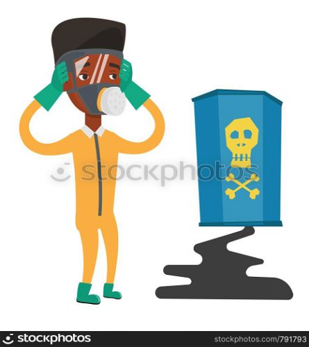 African-american man looking at leaking barrel with radioactive sign. Man in respirator and radiation protective suit clutching his head. Vector flat design illustration isolated on white background.. Man in radiation protective suit.