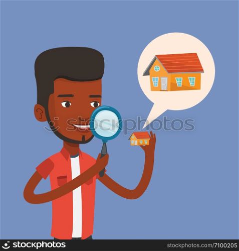 African-american man looking for a new house in real estate market. Young man using a magnifying glass for seeking a new house in real estate market. Vector flat design illustration. Square layout.. Man looking for house vector illustration.