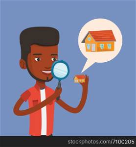 African-american man looking for a new house in real estate market. Young man using a magnifying glass for seeking a new house in real estate market. Vector flat design illustration. Square layout.. Man looking for house vector illustration.