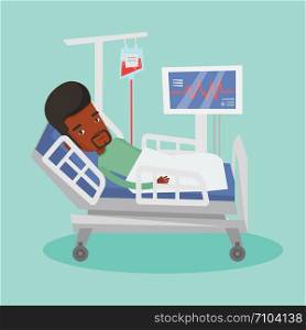 African-american man lying in bed in hospital. Patient resting in hospital bed with heart rate monitor. Patient during blood transfusion procedure. Vector flat design illustration. Square layout.. Man lying in hospital bed vector illustration.