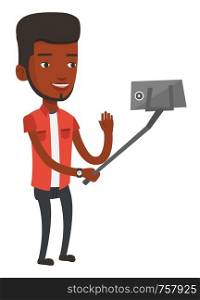 African-american man making selfie with a selfie-stick. Young smiling man making selfie with cellphone. Man taking selfie and waving hand. Vector flat design illustration isolated on white background.. Man making selfie vector illustration.