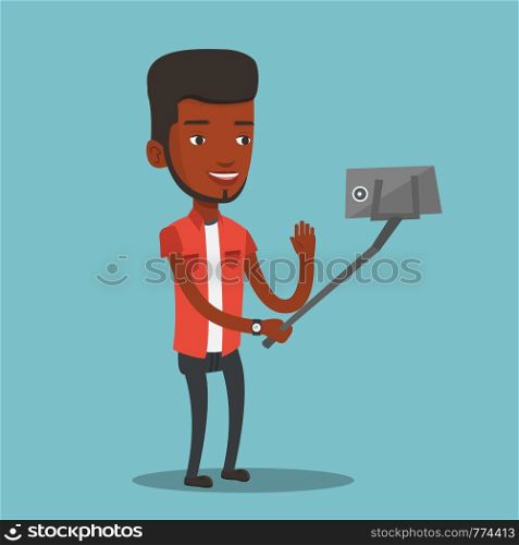 African-american man making selfie with a selfie-stick. Smiling man making selfie with cellphone. Young man taking selfie and waving his hand. Vector flat design illustration. Square layout.. Man making selfie vector illustration.