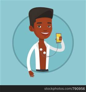 African-american man measuring heart rate pulse with smartphone app. Young man checking blood pressure with smartphone application. Vector flat design illustration in the circle isolated on background. Man measuring heart rate pulse with smartphone.