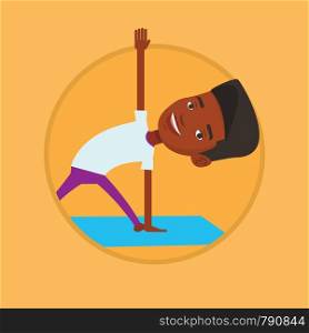 African-american man meditating in yoga triangle position. Young man standing in yoga triangle pose. Man doing yoga on yoga mat. Vector flat design illustration in the circle isolated on background.. Man practicing yoga triangle pose.