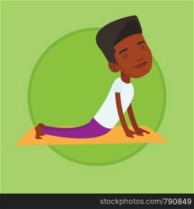 African-american man meditating in yoga upward dog position. Young man practicing yoga upward dog pose. Man doing yoga on yoga mat. Vector flat design illustration in the circle isolated on background. Man practicing yoga upward dog pose.