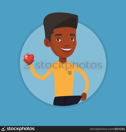 African-american man on a diet. Slim man with apple in hand showing the results of diet. Concept of dieting and healthy lifestyle. Vector flat design illustration in the circle isolated on background.. Slim man showing the results of his diet.