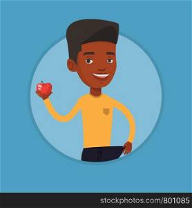 African-american man on a diet. Slim man with apple in hand showing the results of diet. Concept of dieting and healthy lifestyle. Vector flat design illustration in the circle isolated on background.. Slim man showing the results of his diet.