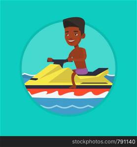 African-american man on water scooter in the sea at summer sunny day. Man riding on water scooter. Man training on water scooter. Vector flat design illustration in the circle isolated on background.. African man training on jet ski in the sea.