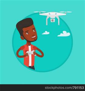 African-american man operating a drone with remote control. Man flying drone with remote control. Young man controling a drone. Vector flat design illustration in the circle isolated on background.. Man flying drone vector illustration.