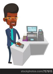African-american man paying wireless with his smart watch at the checkout counter. Customer making payment for purchase with smart watch. Vector flat design illustration isolated on white background.. Man paying wireless with smart watch.