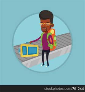 African-american man picking up suitcase on luggage conveyor belt at airport. Young happy man taking her luggage at conveyor belt. Vector flat design illustration in the circle isolated on background.. Man picking up suitcase on luggage conveyor belt